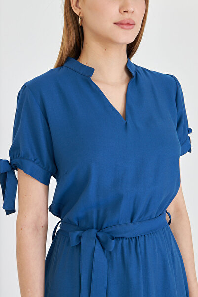 armonika Rochie scurtă pentru femei, albastru închis, cu mâneci cu guler, cu talie elastică, cu centură ARM-23Y 001088