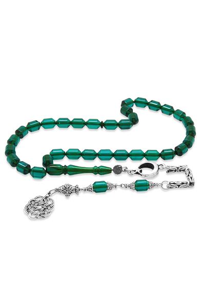 Tesbihane Non-Tarnish Metal King Chain Tasseled Ended Capsule Cut Turquoise Fire Amber Rosary