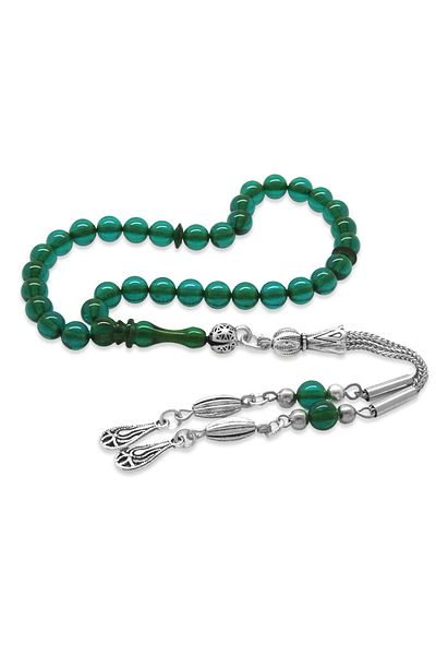Tesbihane Non-Tarnish Metal Tasseled Globe Cut Wrist Size Turquoise Fire Amber Prayer Beads