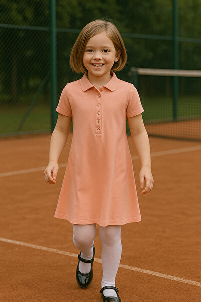 Mcrkids فستان بناتي بياقة بولو وأكمام من قماش البودرة اللاكوس