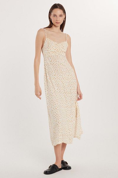 Tudors Rochie de damă, slim fit, subțire, cu bretele subțiri, cu decolteu în V, imprimată, din viscoză, ecru