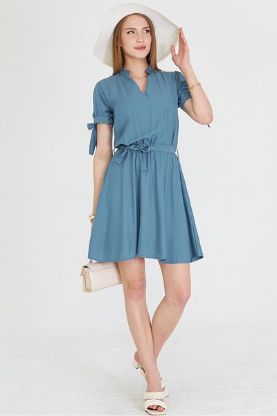 armonika Women's Indigo Judge Collar Sleeve Tie-Up Elastic Waist Belt Short Dress Arm-23Y 001088