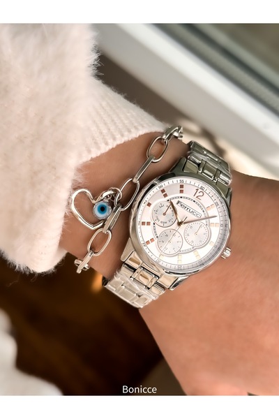 Ferrucci ساعة يد نسائية باللون الوردي وسوار مطرز بالعين الشريرة - مقاومة للماء