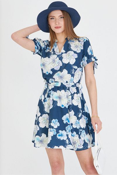 armonika Women's Navy Blue Judge Collar Sleeve Tie-Up Elastic Waist Belt Short Dress Arm-25Y 001033