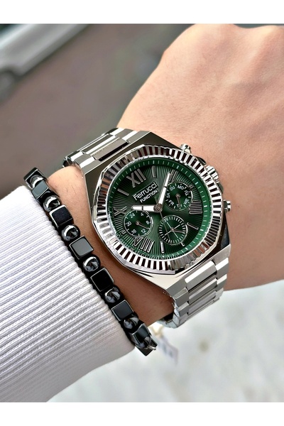 Ferrucci FERRUCCİ ROMA RAKAMLI YEŞİL KADRANLI FUNCTION GÜMÜŞ METAL ERKEK KOL SAATİ