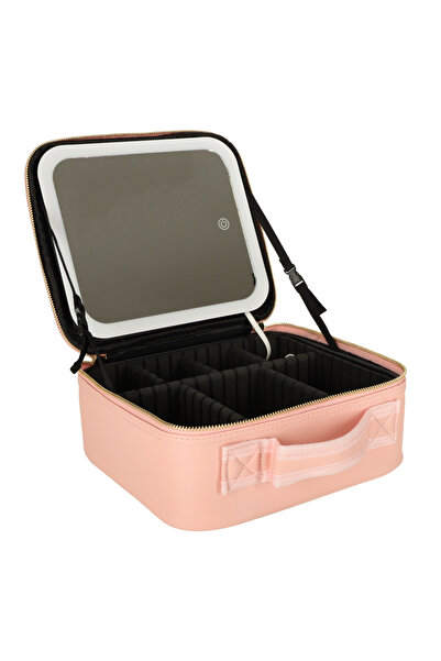 TECOS Geanta textila de voiaj pentru cosmetice, 26x23x11 cm, oglinda pentru make-up iluminata, fermoar