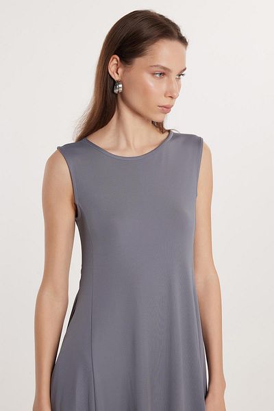 Tudors Women's Regular Fit Straps Side Pockets Crew Neck Long Anthracite Dress