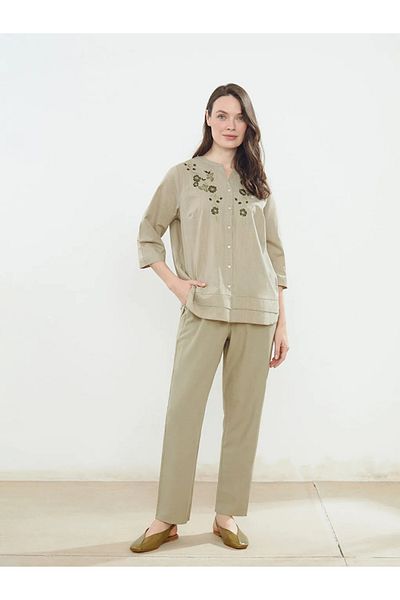 LC Waikiki Lcw grace khaki women's pants with elastic waist and linen blend