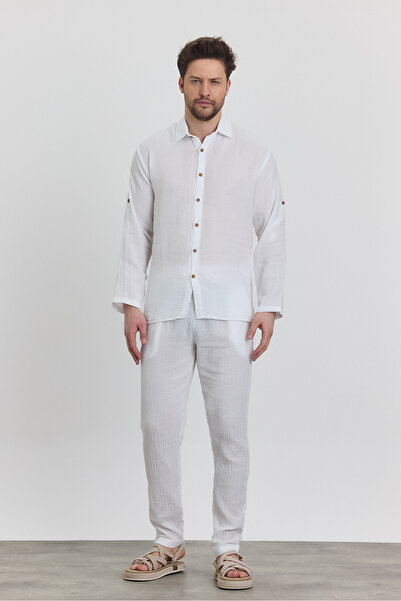 TCT TEKSTİL Set - Men's Muslin White Trousers and Long Sleeve Shirt with Coll...