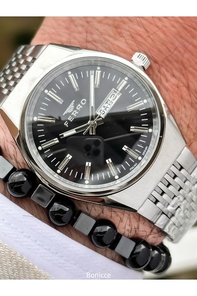 FERRO Silver Black,Steel Cord,With 2 Language Options with Calendar, Men's Wristwatch Bracelet in Special Box Gift