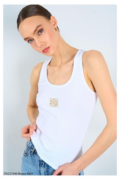 My Blog White - Gold Square Embroidery Tank Top - 231006
