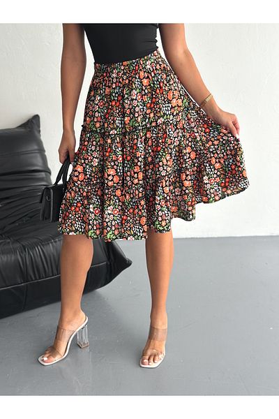 YUSUF CAN KARATAŞ KARATAŞ GİYİM Women S Stylish Floral Print High Waist Skirt - A-Line, Knee Length, Spring/Summer Fashion