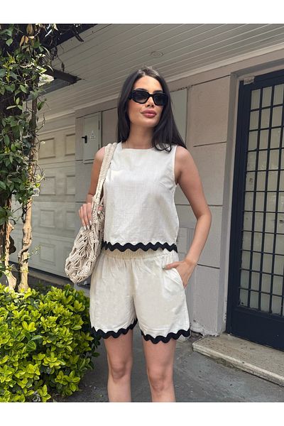 LE CARAMBOLE Women's White Hem Detailed Linen Blouse Shorts Double Bottom Top Set