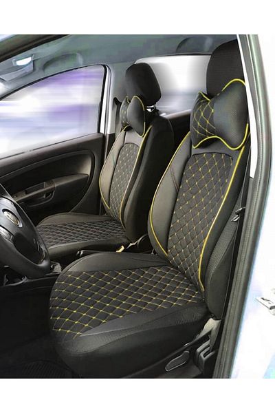 Umbrella Set huse scaune auto universale, piele ecologica neagra cu material textil negru si cusaturi galbene