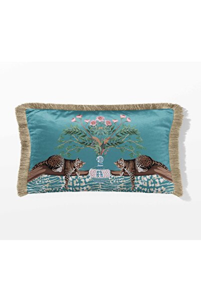 Pilloveland Dikdörtgen Saçaklı Çift Tarafı Baskılı Süet Kırlent Kılıfı - Leopar