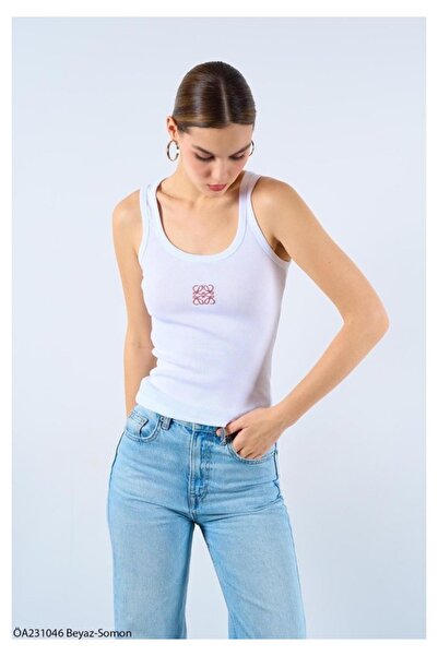 My Blog White - Salmon Square Embroidery Tank Top - 231006