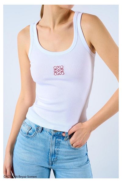 My Blog White - Salmon Square Embroidery Tank Top - 231006