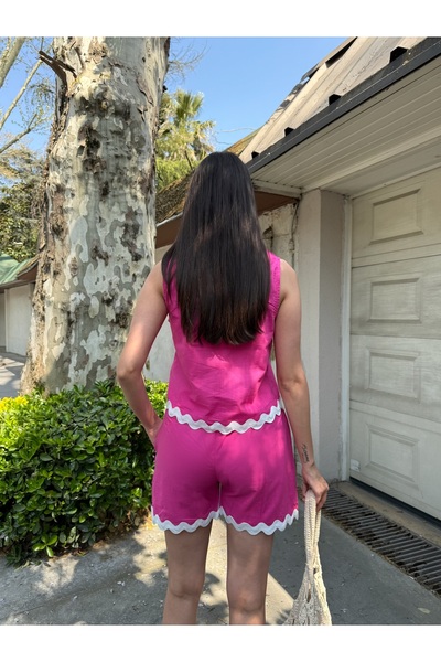 LE CARAMBOLE Women's Fuchsia Hem Detailed Linen Blouse Shorts Double Bottom Top Set