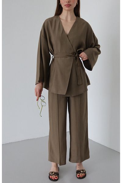 Laluvia Brown Tie Kimono Set - 8685