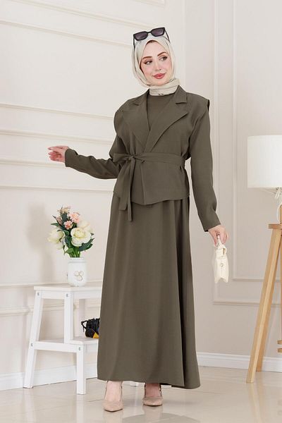Sevitli Asel Dress with Vest-Khaki