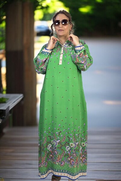 yagmurberen Dominant Collar Ballon Sleeve Pocket Etnic Printed Large Size Cotton Viscose Large Size Dress