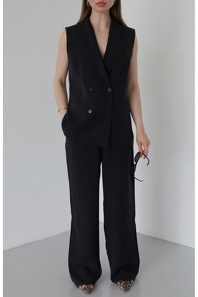 Laluvia Black Black Buttoned Vest Trousers Suit - 9568