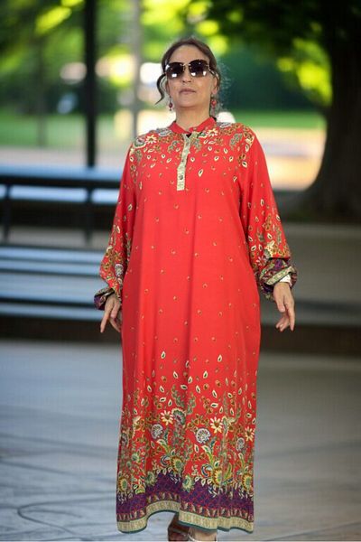 yagmurberen Dominant Collar Ballon Sleeve Pocket Etnic Printed Large Size Cotton Viscose Large Size Dress