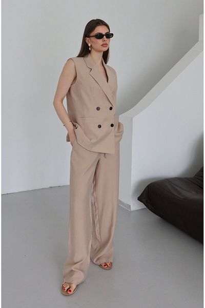 Laluvia Stone Black Buttoned Vest Trousers Suit - 9568