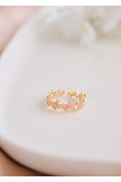 AURRARİ Zirkon Taşlı Pembe Kelebek Çelik Yüzük