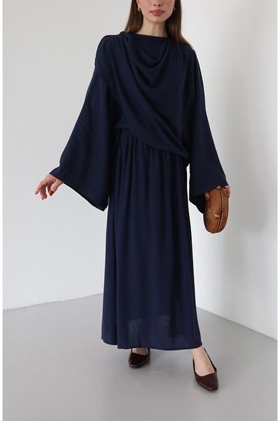 Laluvia Marineblaues Cape-Blusenrock-Set – 8672