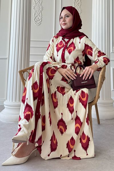 InStyle Rochie din viscoză burgundă cu model İkat