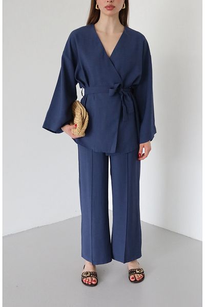 Laluvia Navy Blue Tied Kimono Set - 8685