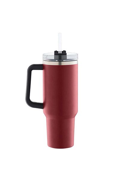 Quasar & Co. Thermos Mug With Handle And Straw ®, With To Go Lid, Hot/Cold Drinks, Stainless Steel, 1.2 L, Red