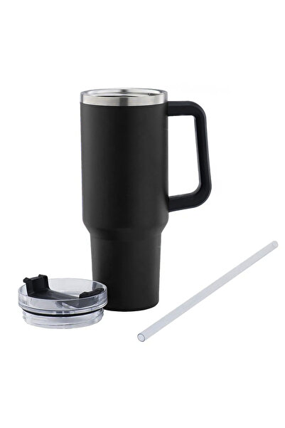 Quasar & Co. Quasar & Co.® thermos mug with handle and straw, with To Go lid, hot/cold drinks, stainless steel, 1.2 L, black