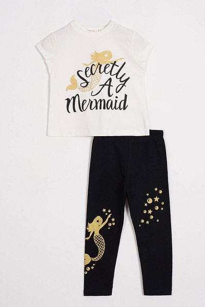zepkids Short Sleeve Letter Printed Ecru Color Girls' Tights Suit