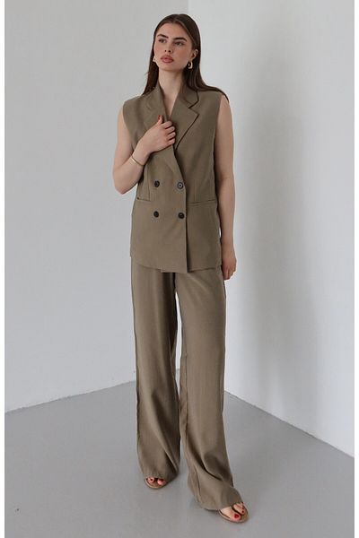 Laluvia Khaki Black Buttoned Vest Trousers Suit - 9568