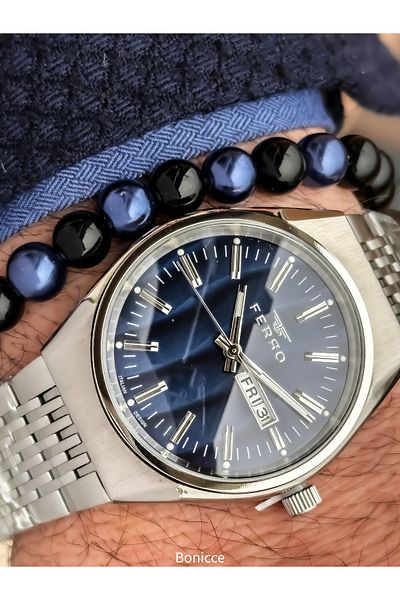 FERRO Silver Color Steel Cord with 2 Language Options Calendar with Men's Wristwatch Bracelet Gift in Special Box