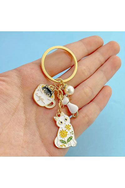 Halımax Cat Figured Pearl Keychain Bag Ornament Backpack Car Ornament Cat Charm Gift