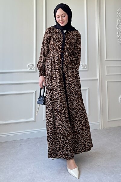 InStyle Buttoned Leopard Pattern Viscose Black Dress