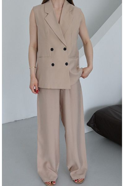 Laluvia Stone Black Buttoned Vest Trousers Suit - 9568