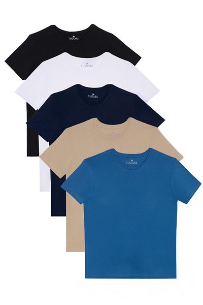 Tudors Tricou unisex, 5 bucăți, negru-alb-albastru-marin-albastru, slim fit, slim fit, 100% bumbac, cu decolteu