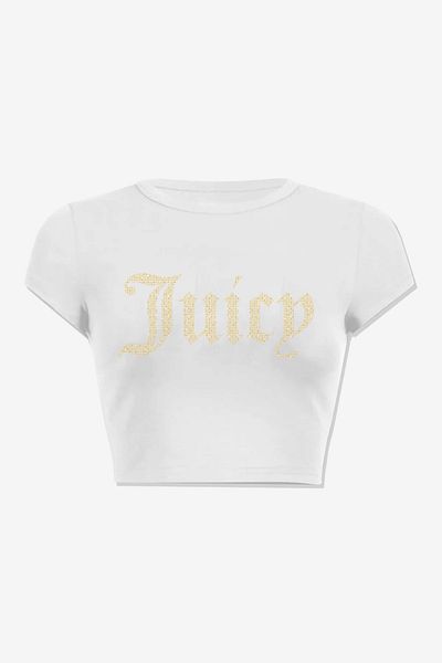 3 ROPE Juicy Rhinestone Gold Stone Printed 100% Cotton Crop White