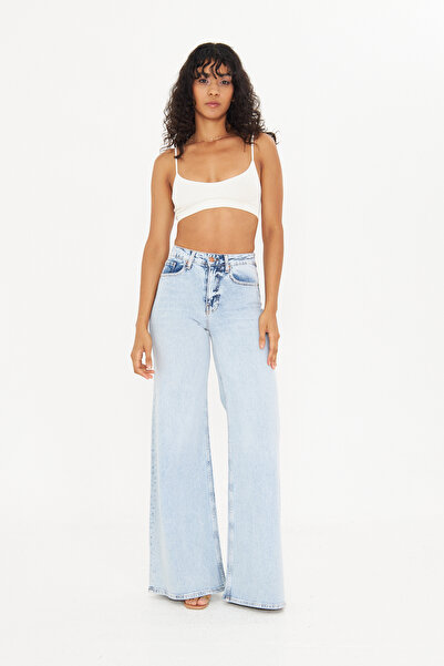 cracpot Açık Mavi Kar Yıkama Comfort Palazzo Salaş Paça Yüksek Bel Jean Pantolon