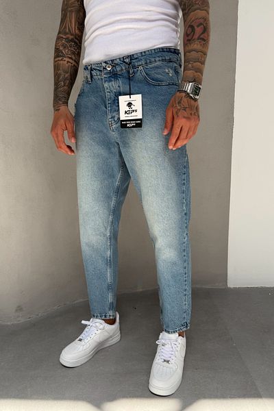 MADZEYMODA Μπλε Boyfriend Καλούπι Τζιν Ύφασμα Σκισμένο Λεπτομερές Ανδρικό Τζιν Παντελόνι Mz399