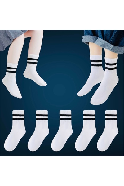 Çorabistaan 5 Çift Beyaz Çemberli Unisex Kız Erkek Çocuk Kolej Tenis Çorap