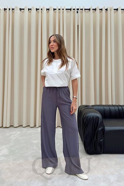 Qaju Women's Anthracite Viscose Blended Comfortable Cut Trousers with Elastic Waist