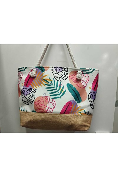 İtal Six Straw Model Pattern Zipper Beach Bag