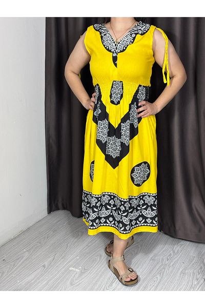 Sobe Hediyelik Ethnic Patterned Viscose Sleeveless Summer Dress – Elastic Waist, Low Back, Comfortable Fit