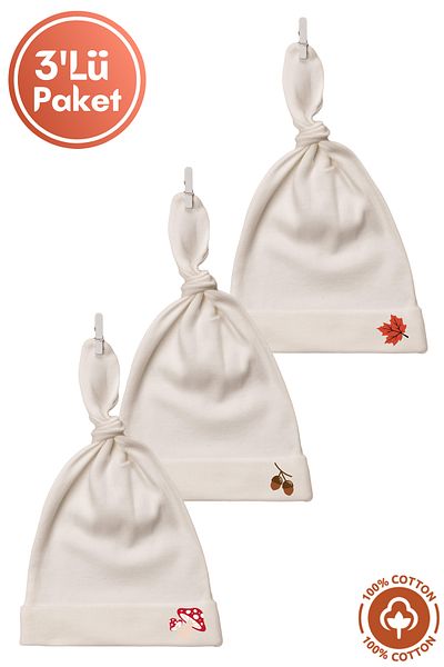 Miniel Unisex Baby Wood Printed Tie-Up Combed Organic Cotton Newborn 3-Piece Baby Beanie Set