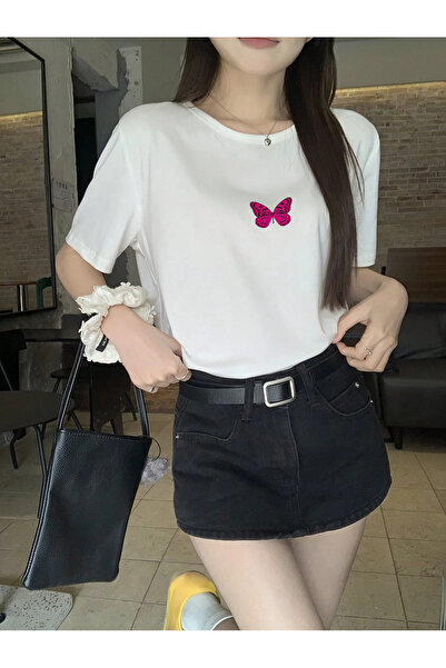 LAMASTRE Bluză albă cu imprimeu Fluturele Norocului pentru femei tricou - Dec...